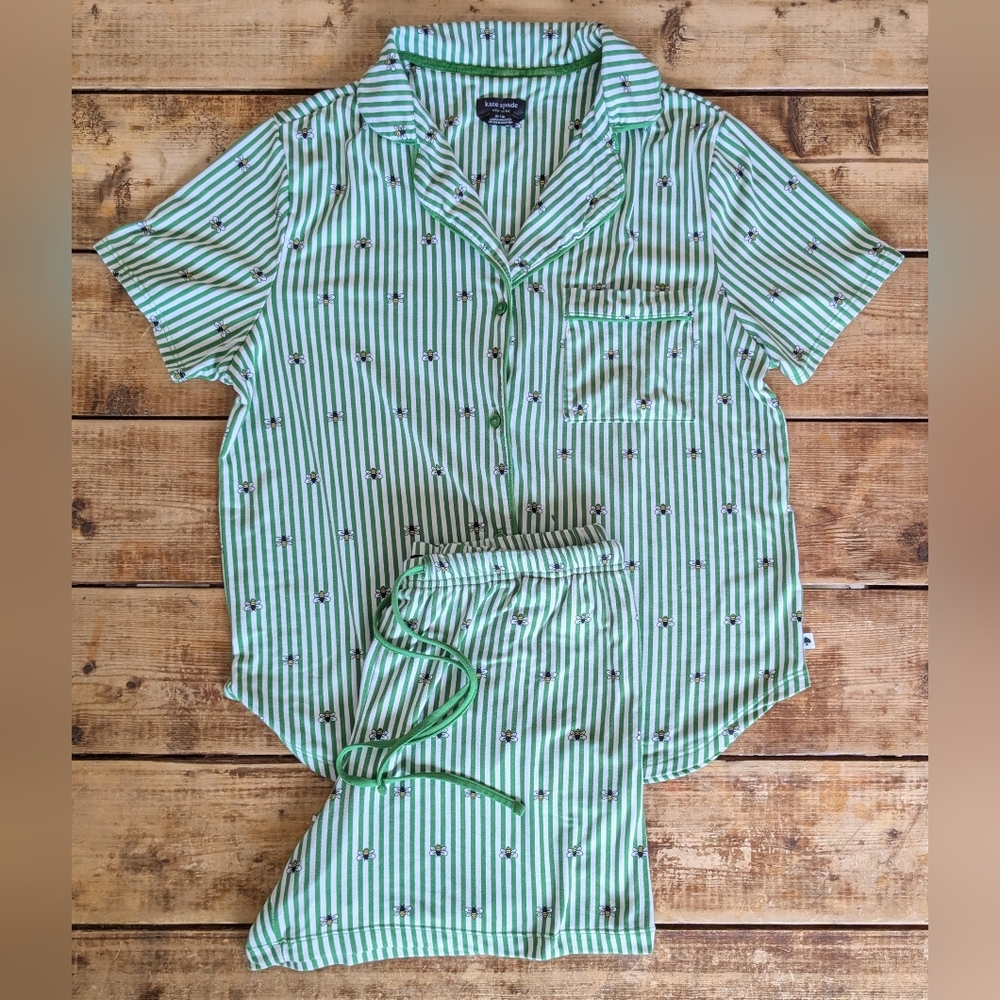 Kate Spade BUTTER SOFT Bee Print Pajama Set Green Stripe Sleepwear Size M